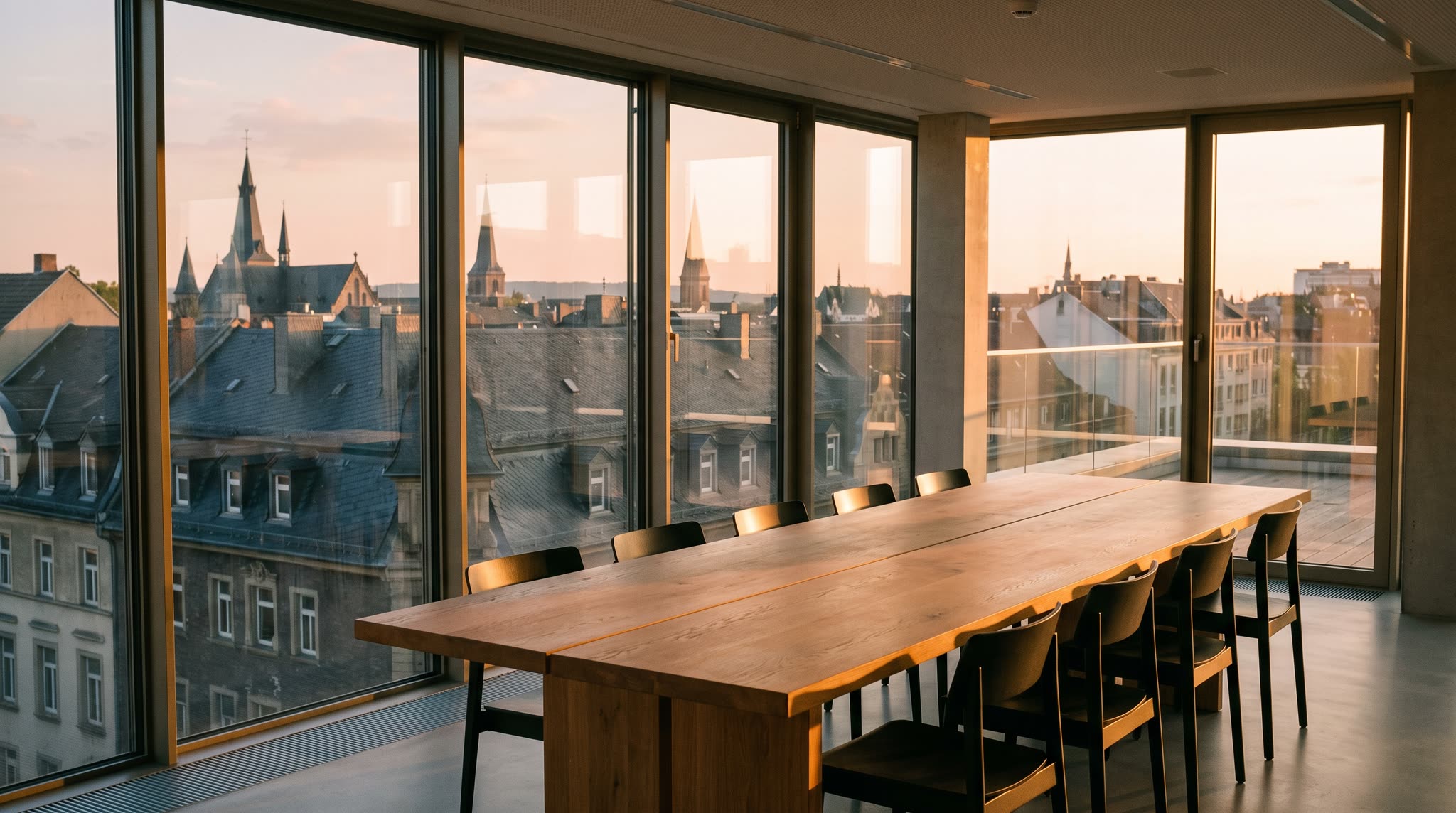 Leerer Besprechungsraum im obersten Geschoss eines Bürogebäudes, Abendsonne durch raumhohe Fenster, dahinter Dächer und Kirchtürme einer deutschen Stadt