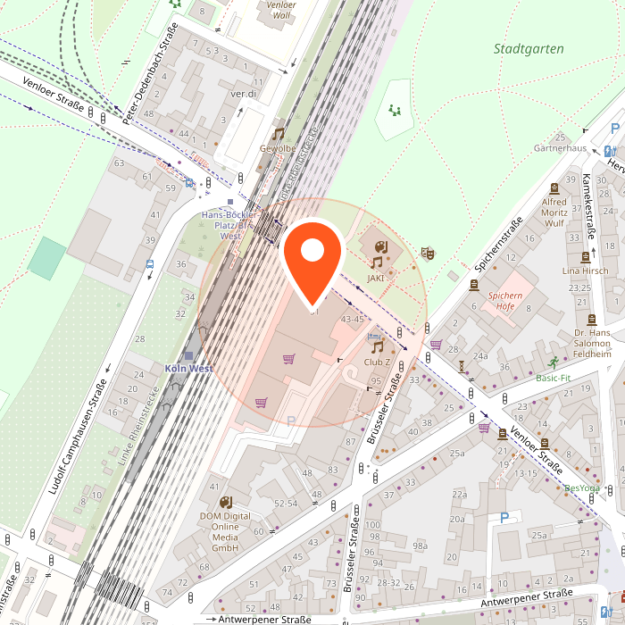 Kartenausschnitt von Köln mit einer orangefarbenen Markierung auf dem Stadtgarten Karree an der Venloer Straße, zwischen dem Bahnhof Köln West und dem Stadtgarten